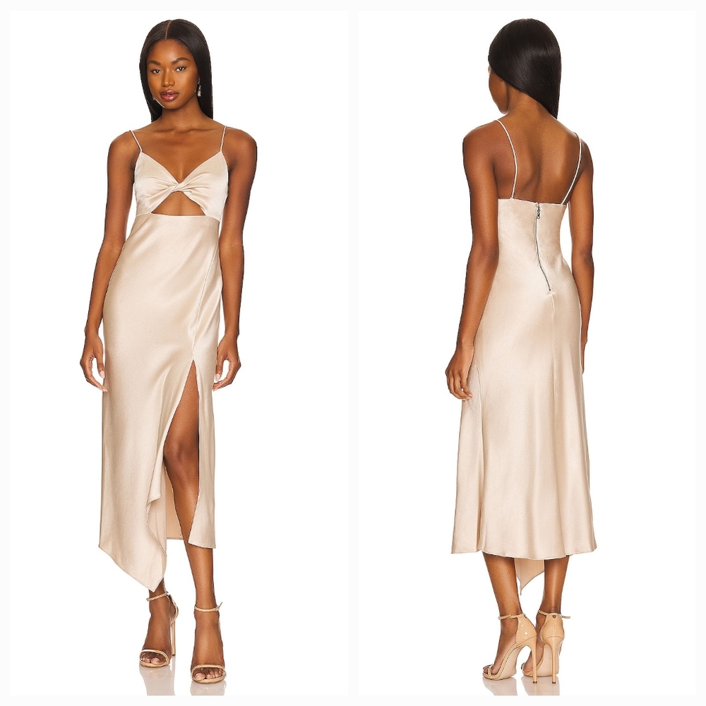 Alice + Olivia Harmony Asymmetrical Midi Dress in Sand